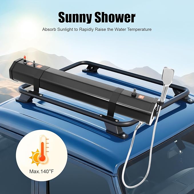 Pressurized Water Tank for Camping Shower, 8 Gallon Portable Camping Handheld Showerhead with Storage Bag & Roof Rack Shower for Hiking, Car wash, Pet Cleaning, Beach Vacations, RV