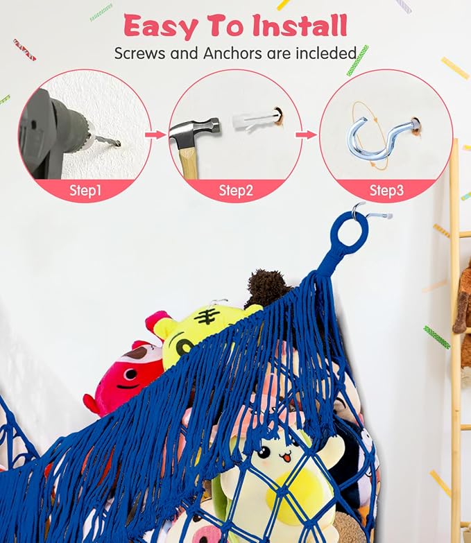 Stuffed Animal Hammock - Extra Large 56'' Long (Sapphire blue) | Premium Cotton Hand-knitted, Beautiful Long Tassel, Storage Hanging Organizer, Can Fit Stuffed Animals 30 Piece or More