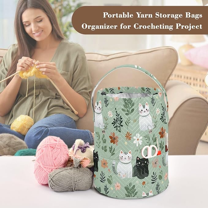 Tatenale Crochet Bag Yarn Bag Knitting Project Bag with Pockets and Handle Portable Yarn Storage Organizer Tangle Free 8.3x11 InchMint Green Floral and Cute Cats02