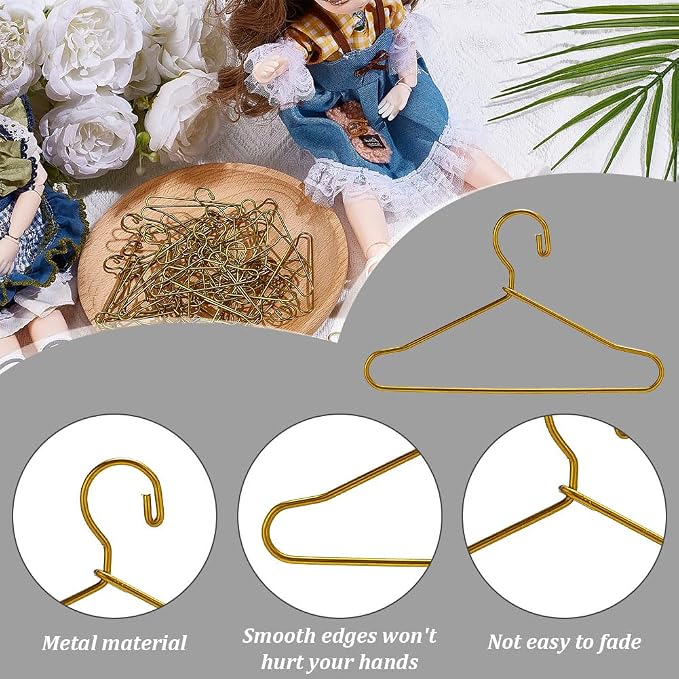 40 Pcs Mini Metal Clothes Hangers 2.6x1.6 Hanger Hooks for Small Clothing Racks Tiny Gold Wire Garment Holder Mini Doll Clothes Hangers for Dollhouse Wardrobe Gown Dress Outfit