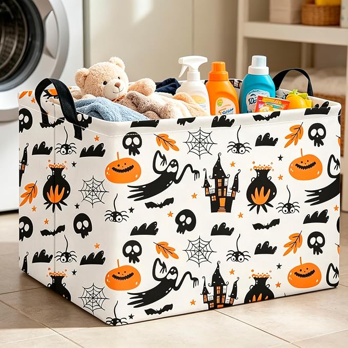 CLOCOR Rectangular Storage Basket,Waterproof Books Box with Handles,Gift Basket(Castle Halloween)