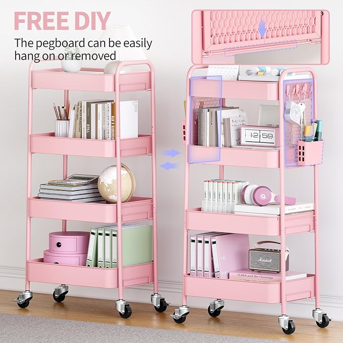 TOOLF 4 Tier Rolling Cart, Metal Utility Storage Cart with Pegboard, Pink | 2 Bins & 4 Hooks, Screwless Assembly, Lockable Wheels, Trolley Organizer for Bathroom, Kitchen, Office, Dorm, Craft Room