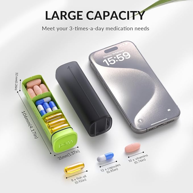 KOVIUU Weekly Pill Organizer 3X a Day, Large Daily 7-Day Pill Box, Green | Detachable Pill Case with 3 Compartments | Travel Pill Container Holder for Vitamins, Supplements, Medications | BPA-Free