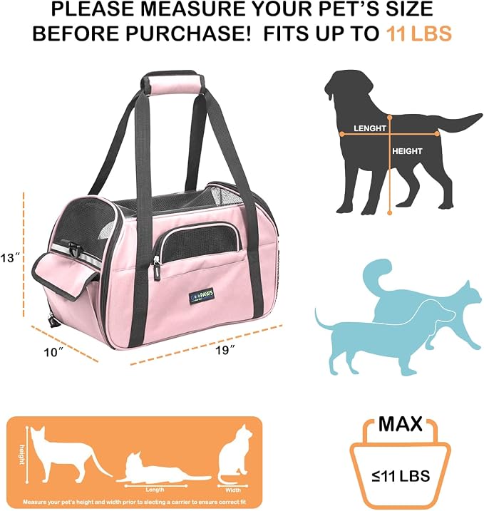 Jespet Airline Approved Soft-Sided Kennel Pet Carrier Travel Handbag | Lightweight, Foldable, Portable, Built-In Safety Leash, Luggage Sleeve, for Cats & Small Dogs, for Indoor & Outdoor