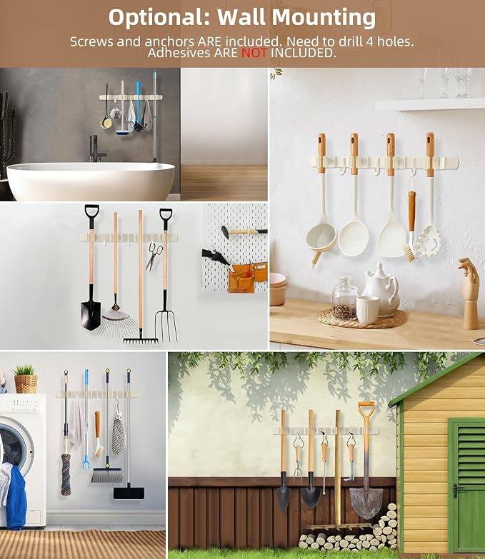Broom Holder Over The Door with Hooks -304 Stainless Steel (light beige) | Save Space, Anti-Rust & Sturdy, Mop and Broom Holder Wall Mounted or Hanging Over The Door, for Garage Laundry Kitchen