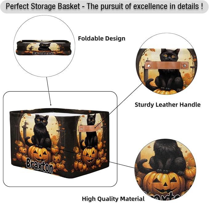 Custom Rectangular Baby Storage Basket, Kids Toys Bin, Books Shelf Basket, Clothes Towel Storage Bin for Nursery, Gift Basket, Pet Basket, Halloween Cat Pumpkins Maple Leaves