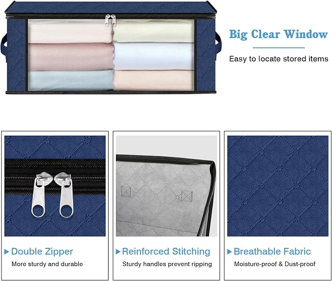 HomeHacks 3-Pack Clothes Organizer Storage Bags, 35L Storage Bins, Blue | Foldable Storage Box Container with Zippers, Clear Window, Reinforced Handles for Closet, Dorm, Pillows, Bedding, Sweater