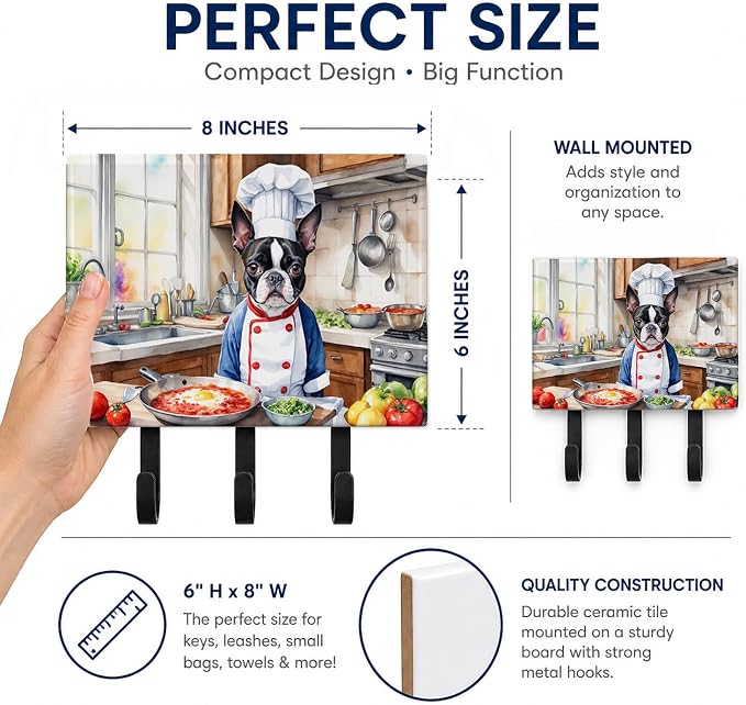 Caroline's Treasures Boston Terrier The Chef Leash or Key Holder Wall Hooks, Key Hooks Holder, Coat Rack Wall Mount, Coat Hooks, Hooks for Hanging Keys, Towels, Aprons, Leashes | Boston Terrier The Chef artwork on ceramic tile with three steel hooks fo...