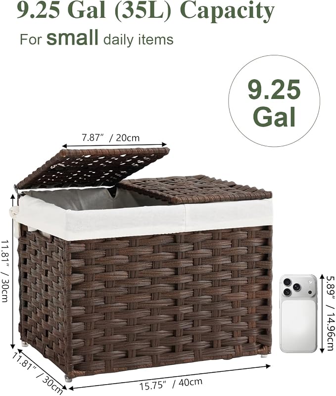 SETVSON Storage Basket with Lid, 2-Lid PE Rattan Storage Bin, Brown | 35L Storage Bin with 2 Separate Lids, 2 Removable Liners with Divider for Clothes & Blankets, Sturdy Frame, Brown