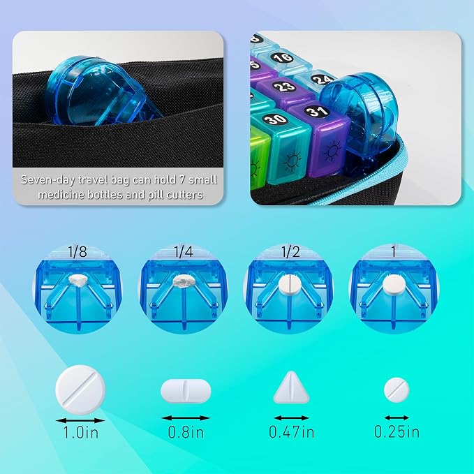Monthly Pill Organizer, Medicine Organizer Box with Portable Hard Shell and Pill Cutter, 31 Day Pill Holder with Weekly Pill Bag (Blue, 2 Times a Day)