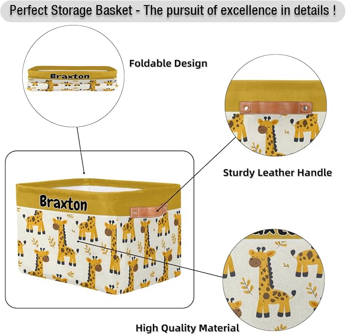 Custom Storage Baskets Name, Personalized Storage Bins Basket Boxes PU Leather Handles for Clothes Bedroom Closet Organizing Toys Books Shelves, Cartoon Giraffes Autumn Yellow Leaves