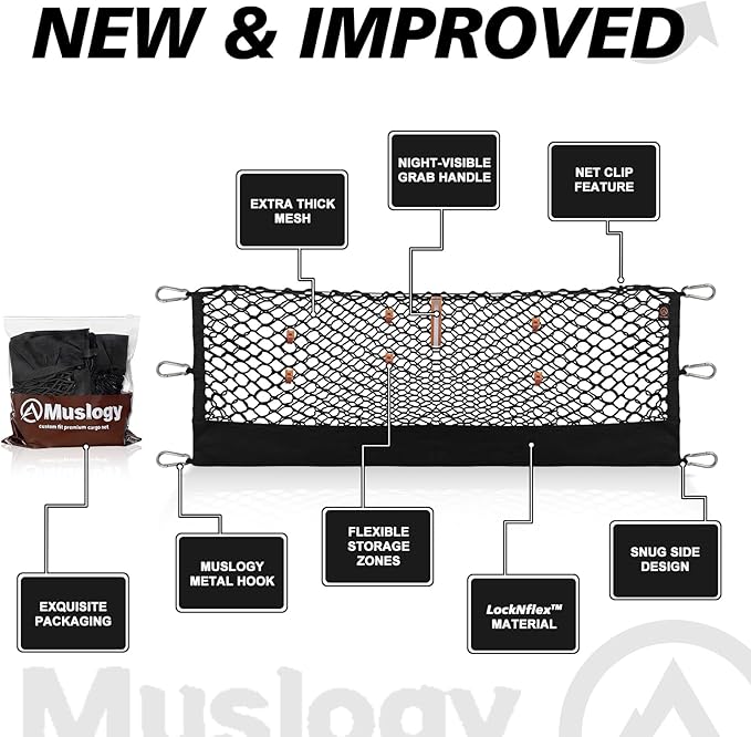 Muslogy Cargo Net for 2013-2026 Chevy Silverado GMC Sierra 1500/2500/3500HD | Custom Fit, Truck Bed Storage Organizer Net for Pickup Truck Bed Divider, Heavy Duty Carabiners, Night Visible Grab Handle