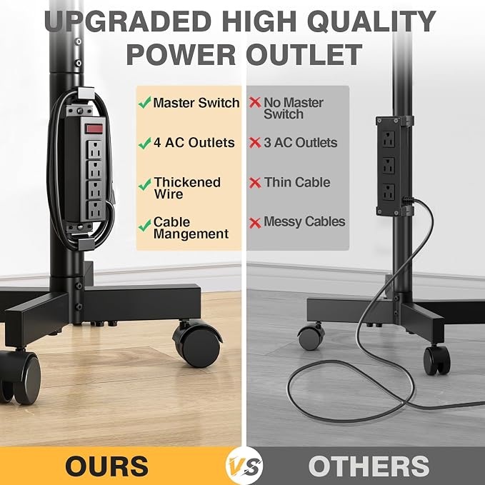 Mobile TV Stand with Power Outlet for 23-65 Inch TVs up to 88 lbs | Tilt Rolling TV Cart with Height Adjustment & Locking Wheels, Portable TV Stand for Bedroom, Office, Max VESA 400x400mm