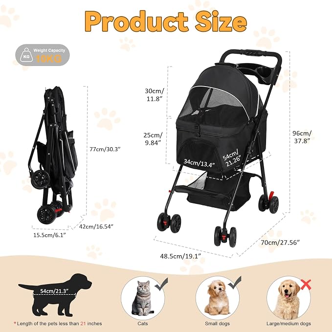 4 Wheel Foldable Pet Stroller – Removable Carrier for Dog Cat, Breathable Mesh Canopy, Storage & Cup Holder, Lightweight Pet Cart Holds 17.6 lbs for Walks Travel Black