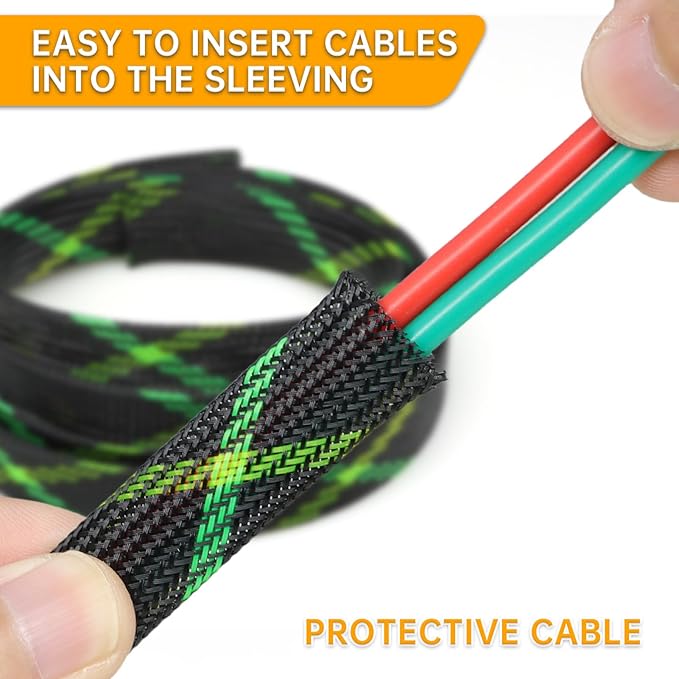 Braided Cable Sleeve, 33ft Expandable Wire Loom for Automotive Wiring Harness & PC Case, Pet-Proof Chew Resistant Cord Protector, Flexible Cable Management (Black-UV Green-UV Yellow, 12mm (15/32"))