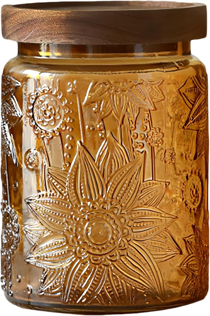 Vintage Glass Jar, 23.7 oz Yellow Sunflower Canister with Airtight Wood Lid | Coffee Bean Storage, Loose Leaf Tea Holder, Sugar Container, Candy Organizer, Cookie Keeper, Pantry Counter Decor