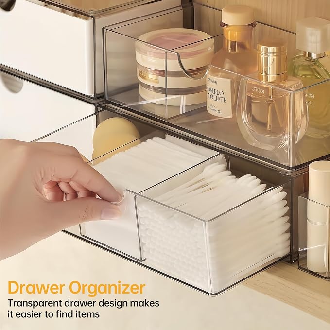PAVSTINE Medicine Cabinet Organizer 2 Pack, Stackable Storage Drawers with Removable Divider, Make Up Organizer for Bathroom Mirror Cabinets, Vanity, Closet, Countertop - Clear