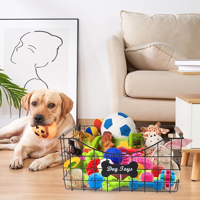 Metal Dog Toy Basket,Indestructible Dog Toy Bin with Wooden Handle,Sturdy Pet Storage Organizer,Ideal for Dog Leash,Blanket,Snacks-15.1 (L) x 10.7 (W) x 7 (H) inches