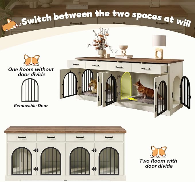 Merax 70.8" Large Dog Crate Furniture & TV Stand for 2 Dogs –Double Kennel with 4 Storage Drawers, Removable Divider & Arched Metal Doors –Wood Indoor Pet House for Medium/Large Breeds, Brown + White