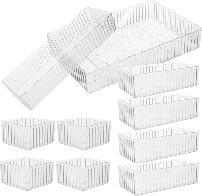 10pcs Pet Makeup Jewelry Organizer Drawer Trays with 4 Sizes, Flexible Divider System and Stackable Design for Bathroom Counter and Vanity Storage