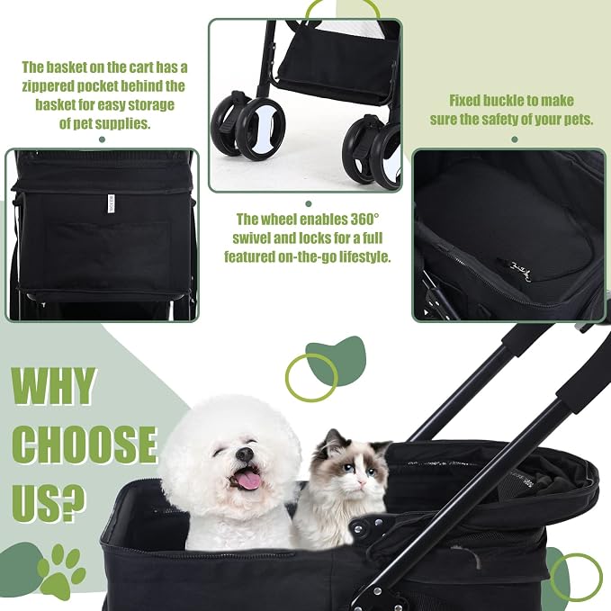 Dog Stroller 3-in-1 Folding Dog Stroller for Medium Small Dogs Pet Stroller Cat Stroller 4 Wheels with Detachable Carrier Storage Basket Waterproof Lightweight for Travel,Black