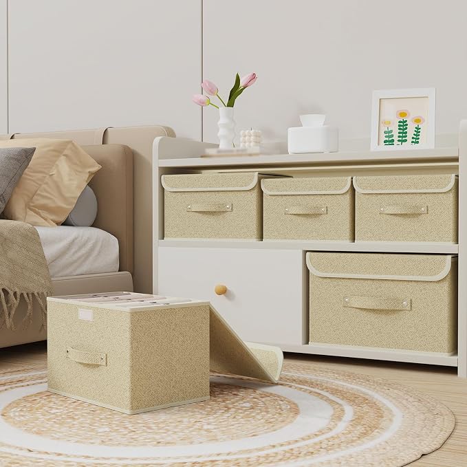 Storage Bins with Handles,Grey and Beige,13x9.1x7.9in,3 Pack | Storage Baskets with PP Board Support,Washable Wardrobe Organisers with Lids,Stackable Organization Bins for Socks,Ties,Scarf