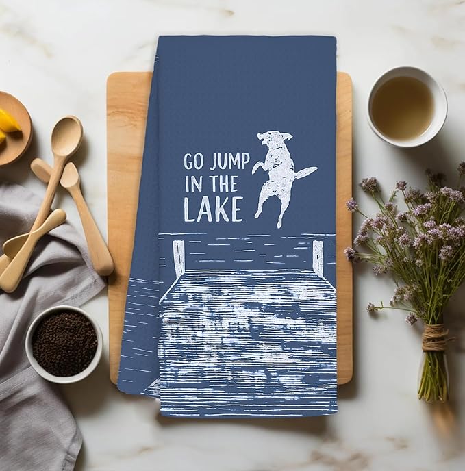 Blue Lake House Decor Dish Towels,Lake House Gifts,Funny Lake Dog Kitchen Towels Decorative,Dog Lover Mom Gifts Hand Towels Drying Cloth for Kitchen Bathroom Decor,16x24 Inch