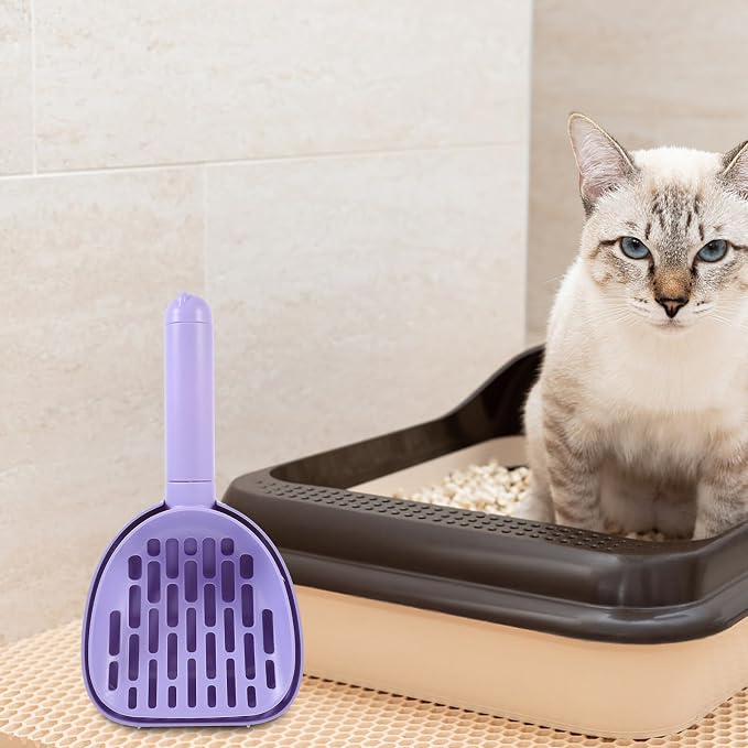 Cat Litter Scoop with Holder, Plastic Litter Cleaning Shovel for Poop, Multi-Functional Wall-Mounted Pet Waste Scooper with Base, Purple for Household Cat and Dog Use