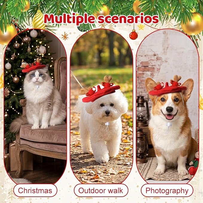 Christmas Pet Antlers Beret, Christmas Cat Reindeer Hat | 3D Plush Antlers and Bow Design, Comfortable Skin-Friendly, Flexible Adjustment, Easy Maintenance and Storage for Cats Dogs