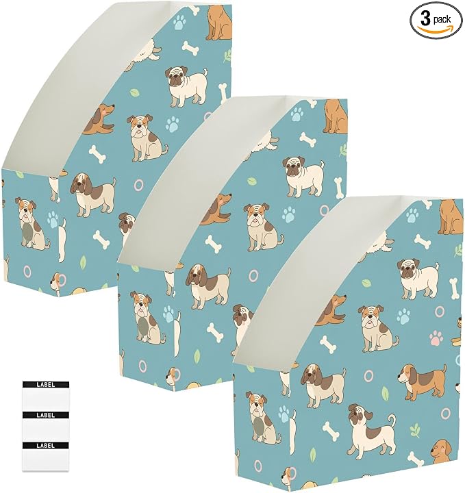 Emelivor Pets Blue Dogs Print Magazine Holder Set of 3 Desk File Organizer Foldable Vertical Folder Holder with Labels for Office Organization File Box for Library Classroom Home