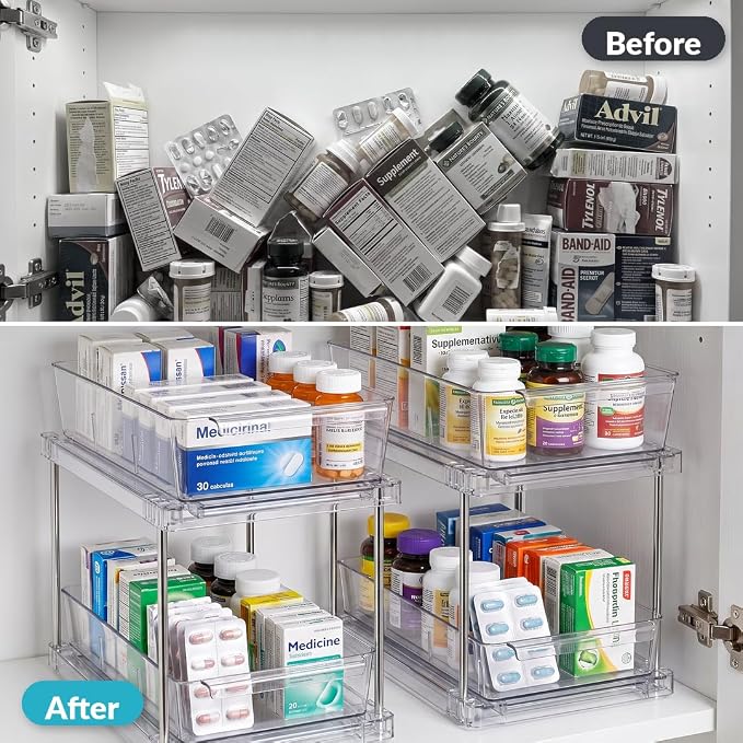 4 Pack Under Sink Organizers and Storage, 2 Tier Clear Pull Out Drawer Organizer for Bathroom Vanity and Kitchen Cabinet, Stackable Slide Out Bins, No Tool Set Up, 11.8"x6.9"x11.8"