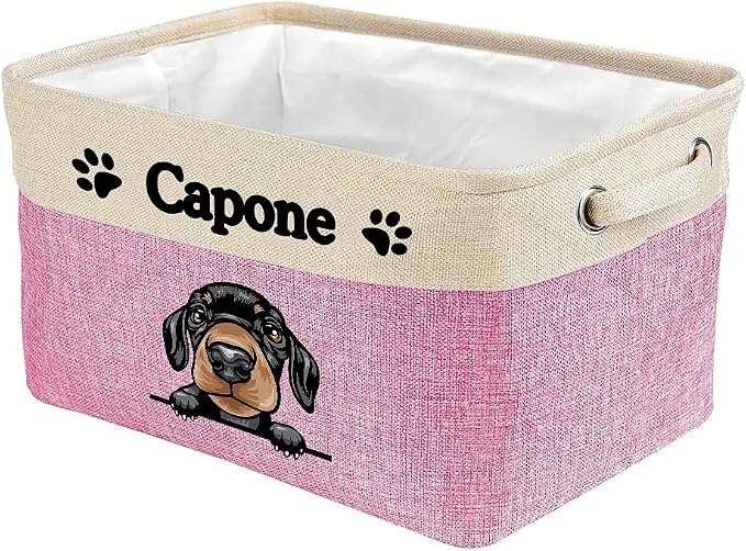 Custom Fabric Dog Toy Storage Basket with Funny Dog Dachshund Collapsible Sturdy Fabric Pet Toys Storage Bin Cube with Handles for Organizing, Pink and White