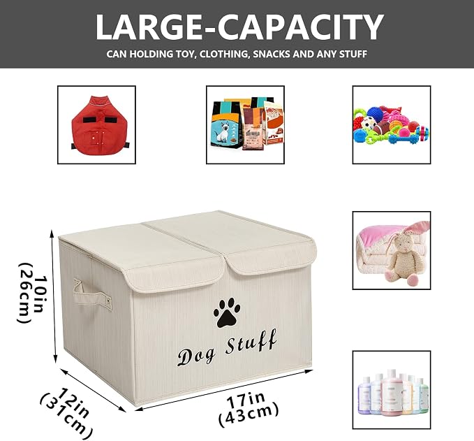Dog toy box with lid dog storage organizer perfect basket for dog toys living room, playroom, closet, home organization and storage - Dog - Bamboo Beige