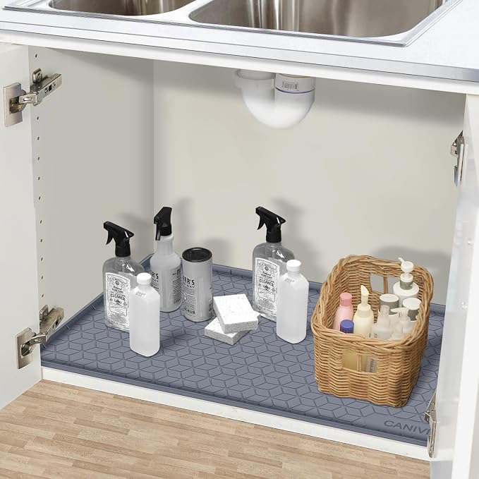 Under Sink Mat, 28"x22" Waterproof Tray for Cabinet, Holds 3 Gal | Silicone, Fits 36 inch Standard Cabinet,Leakproof & Easy Clean, Ideal for Kitchen & Laundry, Protects Shelf from Water Damage