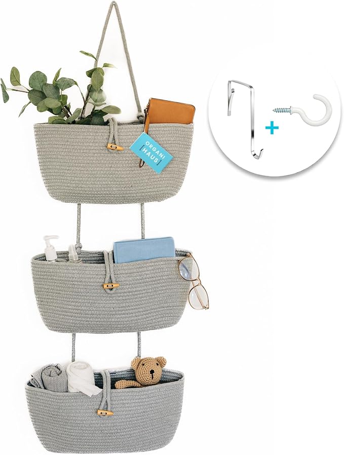 OrganiHaus Over the Door Organizer, Woven Rope Hanging Baskets, 3-Tier | Cotton Wall Storage Basket For Nursery Decor, Entryway, Bathroom, Playroom Or Dorm, Mounts On Door Or Wall, Light Gray