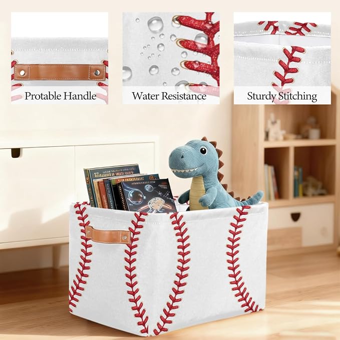 Pardick Storage Baskets Bin, White Baseball Collapsible Canvas Fabric Storage Bin Decorative Baskets Toy Organizer Rectangle Storage Boxes with handles for Home Shelves Nursery,A-2