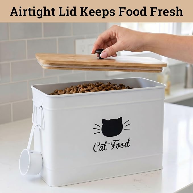 Metal Cat Food Container with Scoop, 15lb (50 Cup) w/ Airtight Bamboo Lid | 15 lb / 50 Cup Capacity, 1 Cup Metal Scoop, Durable Powder Coated Iron Body, Rubber Lined Bamboo Lid, Sturdy Metal Handles