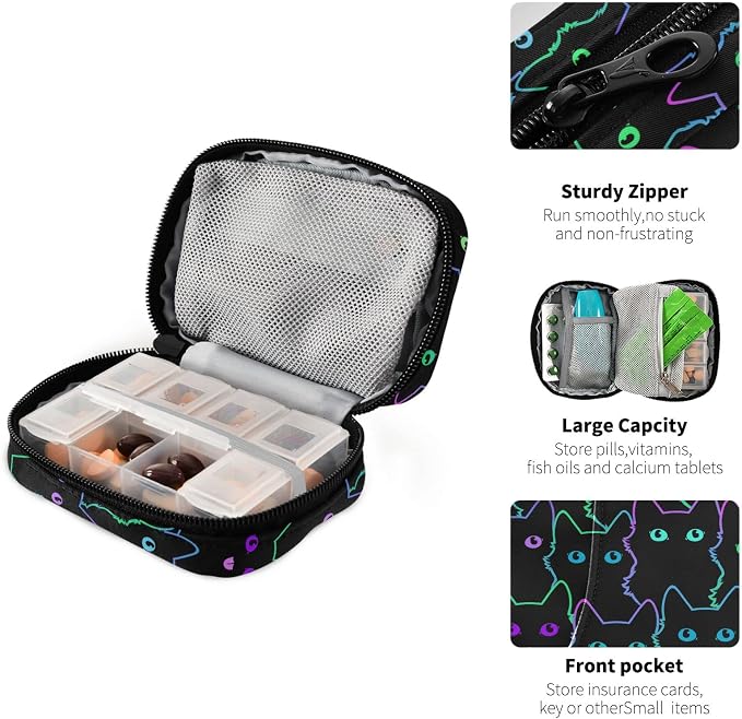 Neon Black Cat Pill Case, Portable Weekly Pill Box Bag Container 7 Days Pill Organizer Vitamin Supplement Holder with Zipper for Travel Family Business