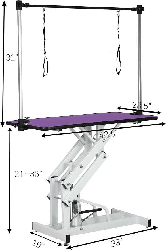 Hydraulic Pet Dog Grooming Table for Large Dogs, Heavy Duty Grooming Table with Adjustable Arm Noose, Maximum Capacity Up to 330 lbs, 42.5''/Purple