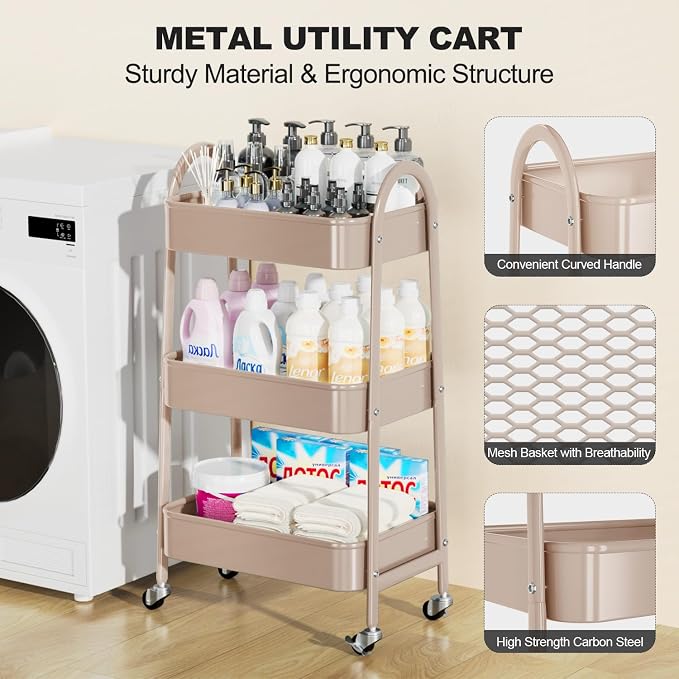 3 Tier Rolling Cart, Large Metal Storage Cart with Handle and Lockable Wheels, Big Multifunctional Storage Organizer Trolley with Mesh Baskets for Kitchen, Living Room, Office, Garage (Beige)