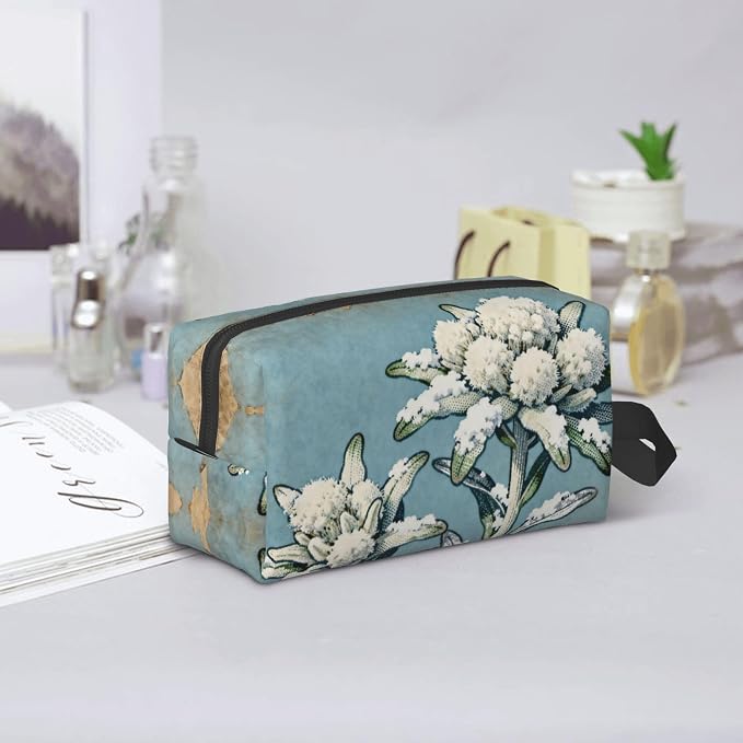 Edelweiss Flower with Snow Makeup Bag - Durable 600D Oxford Fabric Travel Cosmetic Bag, Shockproof Foam Padded Toiletry Organizer for Gym & Daily Use 10x6.2x4.9 Inch