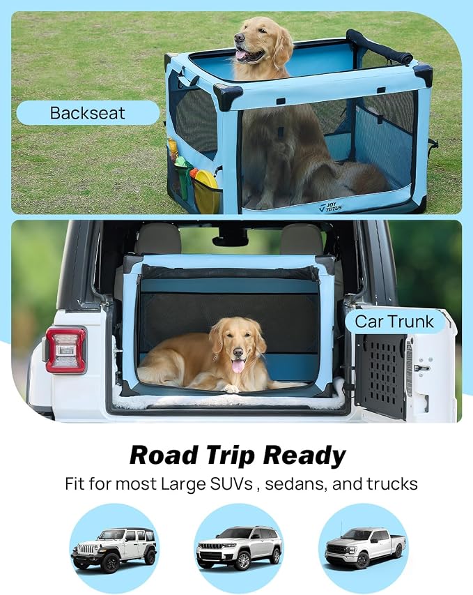JOYTUTUS Collapsible Dog Crate, 38 Inch Portable Pet Crate for Car, Travel Dog Kennel Foldable Dog Crate for Large Dog 70lbs, Soft Cat Carrier Fit for Indoor & Outdoor/Trunk (Blue)