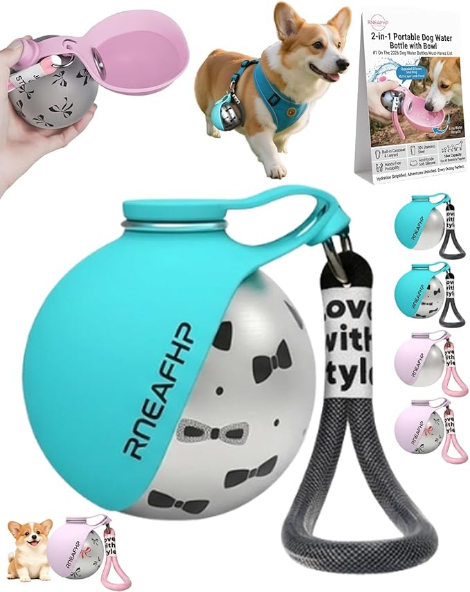 Dog Water Bottle with Bowl 2-in-1 Portable Leak Proof 10 OZ Puppy Travel Drink Dispenser for Large Medium Small Breeds Stainless Steel Hydration Tumbler Buddy Cup for Dogs Pets Outdoor(Blue B)