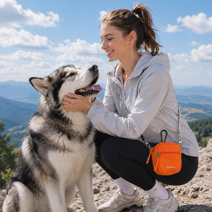 Dog Treat Pouch with Poop Bag Holder, Small Crossbody Bag for Puppy Training and Walking, Shoulder Strap Can Use as Dog Leash- Pet Travel Accessories, Metal Carabiner Attached (Orange) | 900D Oxford Fabric
