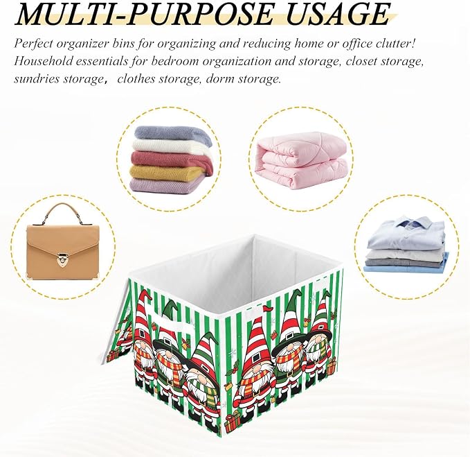 Christmas Stripe Fabric Storage Bins with Lid Closet Storage Basket 40L | Decorative Storage Boxes, Foldable & Stackable, Dust-Proof Flip Top, Reinforced Handles, For Home & Dorm, Clothes & Toy Box