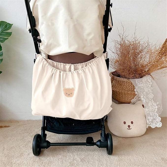 Universal Stroller Organizer Nylon Stroller Storage Bag for Baby Essentials | Large Capacity, Non-Slip, Adjustable, with Hook & Loop, Cargo Bag for Umbrella & Pet Stroller Accessories, Beige Bear