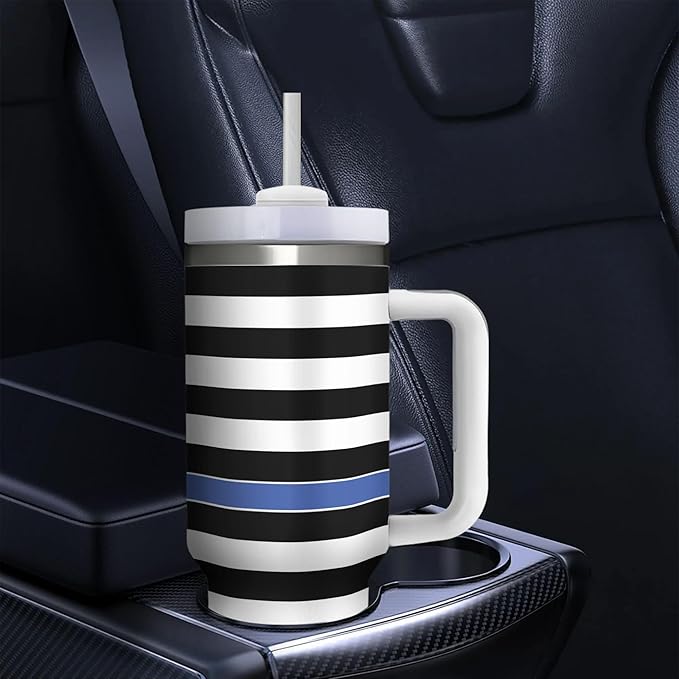 40 OZ USA Line Flag Tumbler with Handle, Thin Blue Double Wall Stainless Steel Travel Coffee Mug with Straw Lid, Insulation and Cooling Cup for Christmas Birthday Present