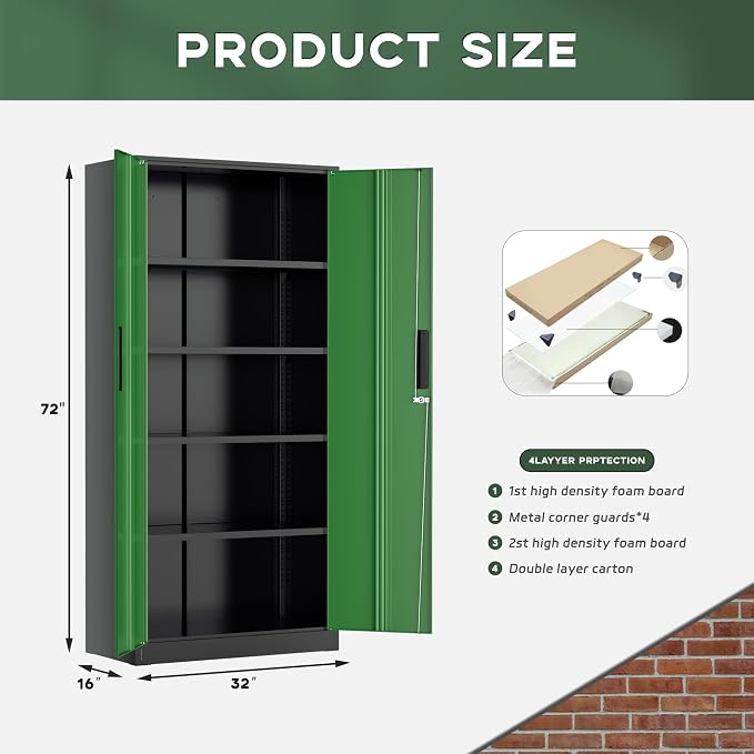 Greenvelly Metal Storage Cabinet, 72" Locking Metal Garage Storage Cabinet with Doors and 4 Adjustable Shelves, Lockable Steel Cabinet for Home Office, Garage, Shop, School (Green 32" W x 16" D)