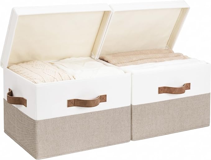 StorageWorks Fabric Storage Bins with Lids, Closet Storage Bins | Flip-Top Lid, 3 Handles, Collapsible, Stackable, for Clothes Blankets, Multi-Purpose, Large, Brown and White, 2-Pack