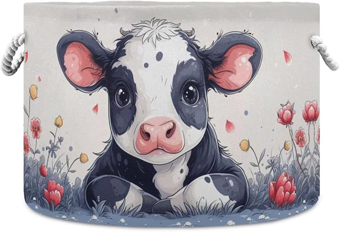 Cute Cow Print Collapsible Round Storage Basket with Handles | Farm Animal Flower Large Laundry Baskets Hamper, Organizer Bin for Nursery Bedroom Living Room Decor, 20x 20x 14 Inches